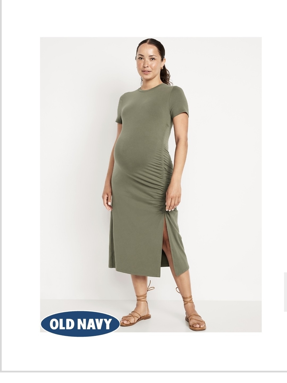 Old Navy Olive Green Side-Ruched Midi Dress Size Small